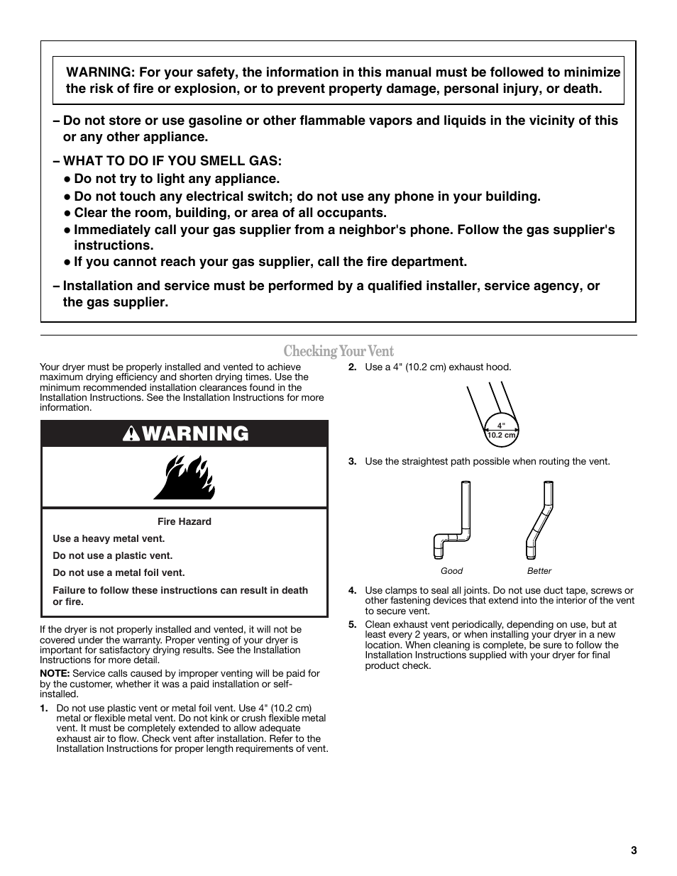 Warning, Checking your vent | Amana W10088771 User Manual | Page 3 / 28