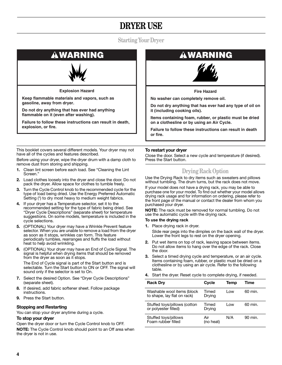 Dryer use, Warning, Starting your dryer | Drying rack option | Amana W10088771 User Manual | Page 4 / 28