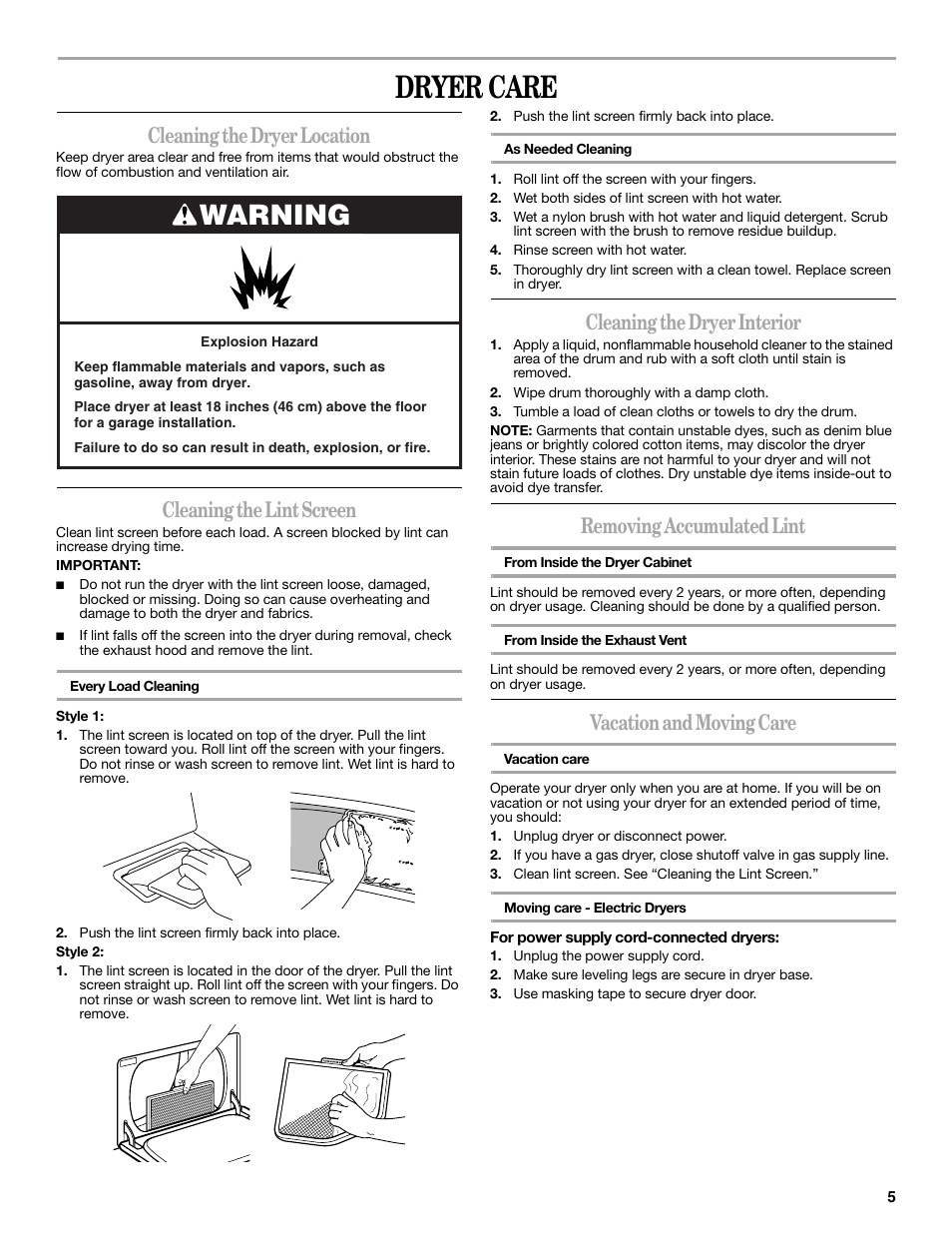 Dryer care, Warning, Cleaning the dryer location | Cleaning the lint screen, Cleaning the dryer interior, Removing accumulated lint, Vacation and moving care | Amana W10088771 User Manual | Page 5 / 28