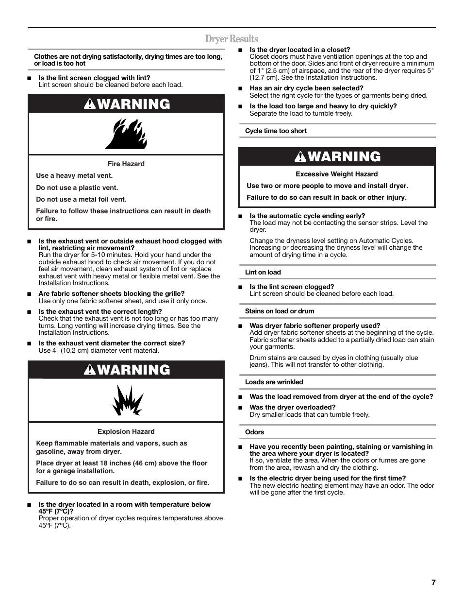 Warning, Dryer results | Amana W10088771 User Manual | Page 7 / 28