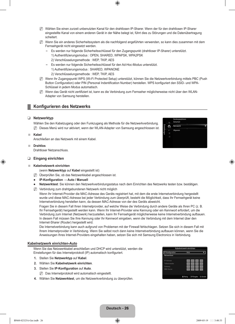 Konfigurieren des netzwerks, Deutsch - 26 26, Netzwerktyp | Eingang einrichten, Kabelnetzwerk einrichten-auto | Samsung LE37B651T3P User Manual | Page 112 / 302