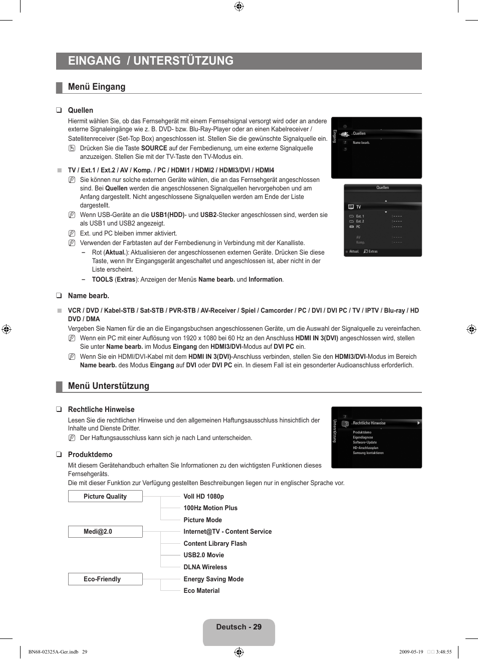 Eingang / unterstützung, Menü eingang, Menü unterstützung | Samsung LE37B651T3P User Manual | Page 115 / 302