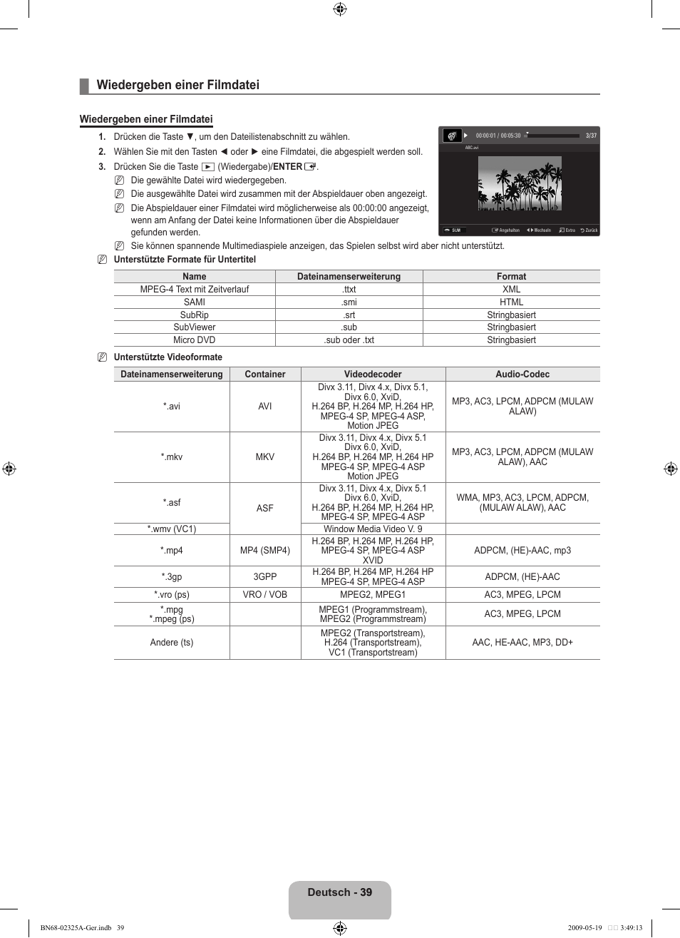 Wiedergeben einer filmdatei | Samsung LE37B651T3P User Manual | Page 125 / 302