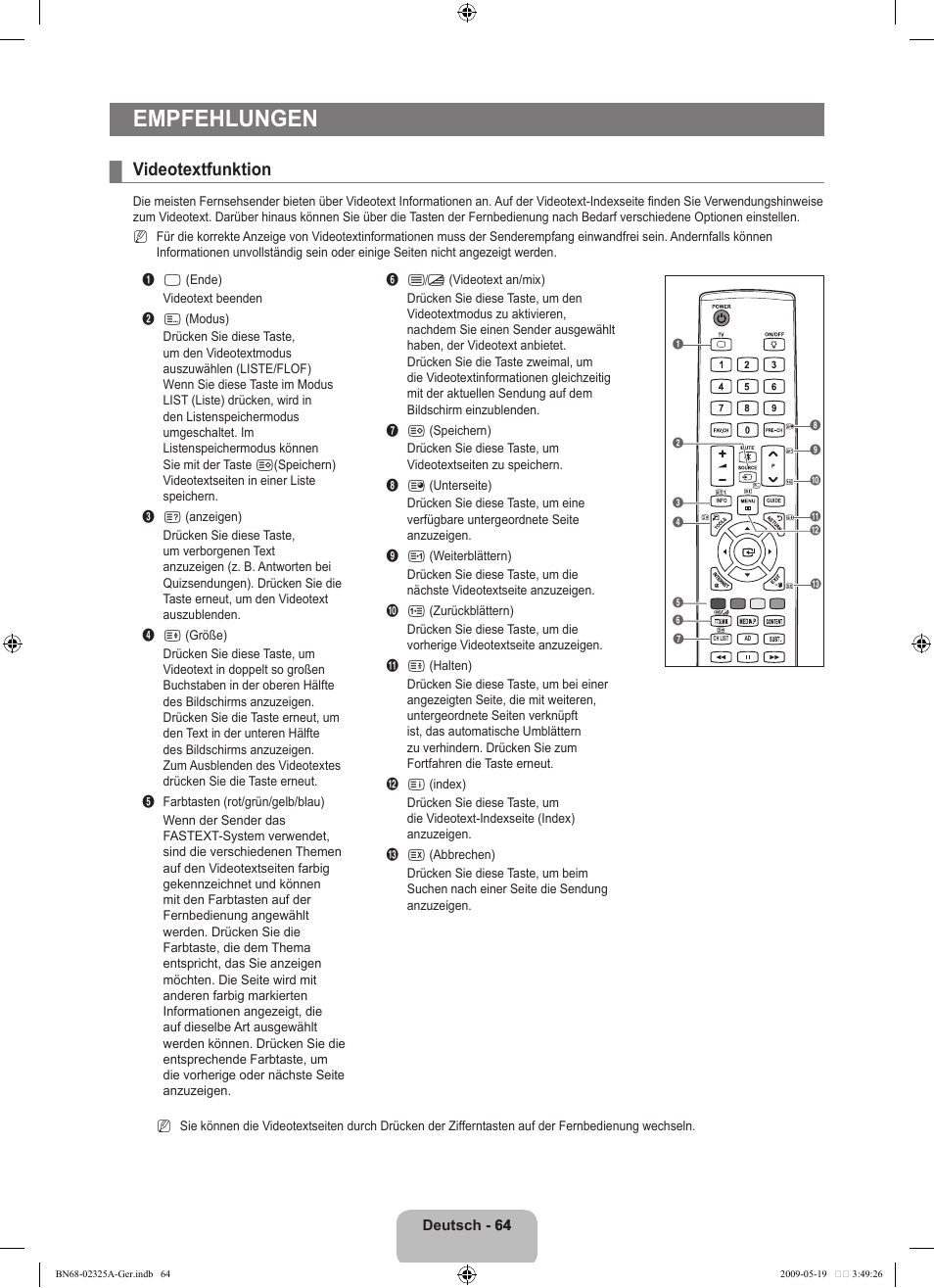 Empfehlungen, Videotextfunktion | Samsung LE37B651T3P User Manual | Page 150 / 302