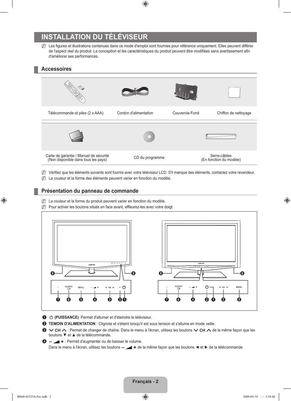 Installation du téléviseur, Accessoires, Présentation du panneau de commande | Samsung LE37B651T3P User Manual | Page 158 / 302