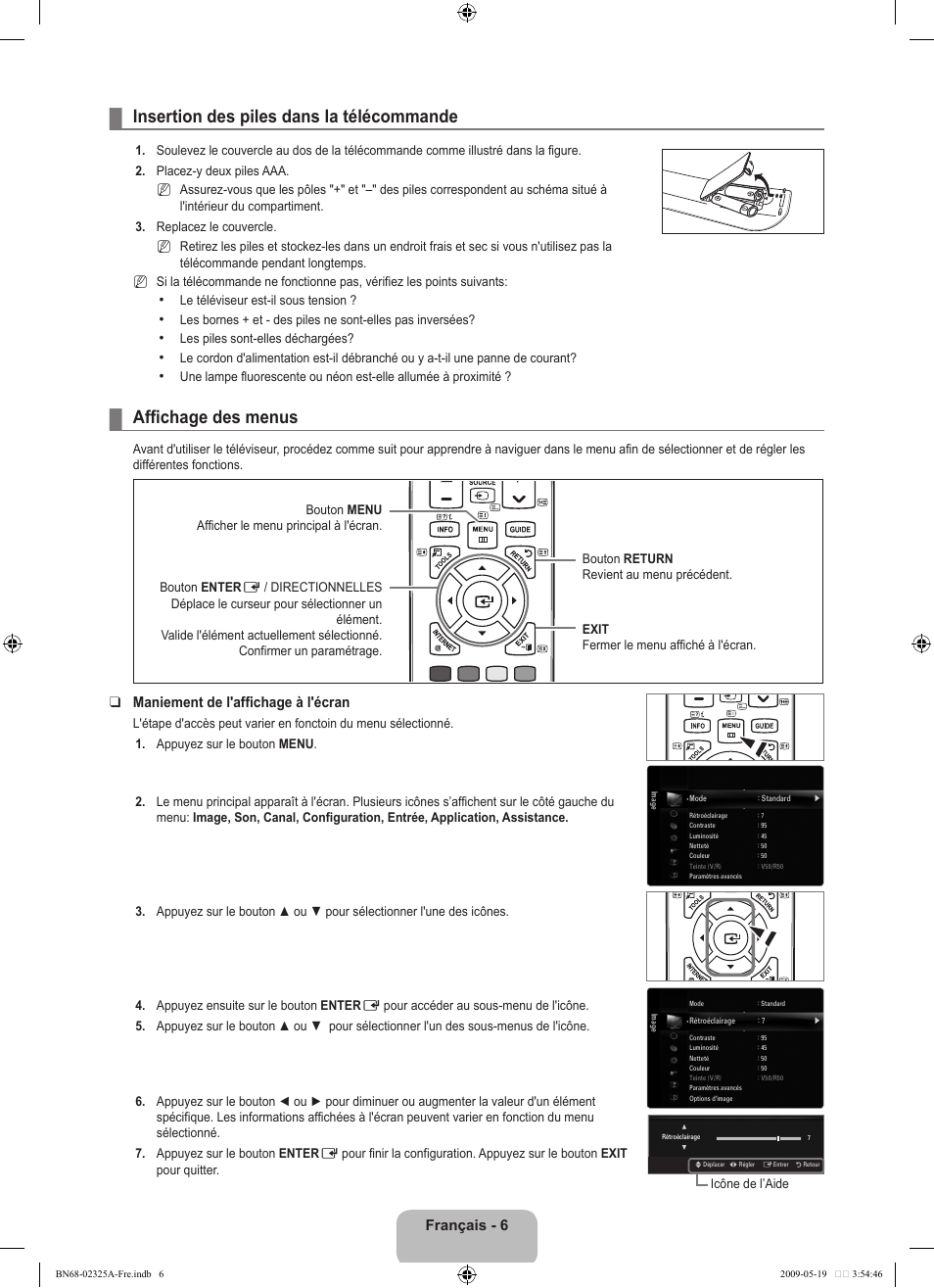 Operation, Insertion des piles dans la télécommande, Affichage des menus | Français - 6, Maniement de l'affichage à l'écran | Samsung LE37B651T3P User Manual | Page 162 / 302