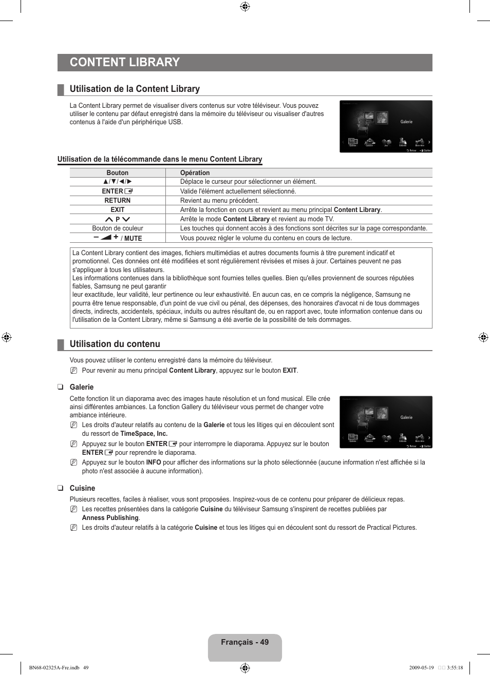 Content library, Utilisation de la content library, Utilisation du contenu | Samsung LE37B651T3P User Manual | Page 205 / 302