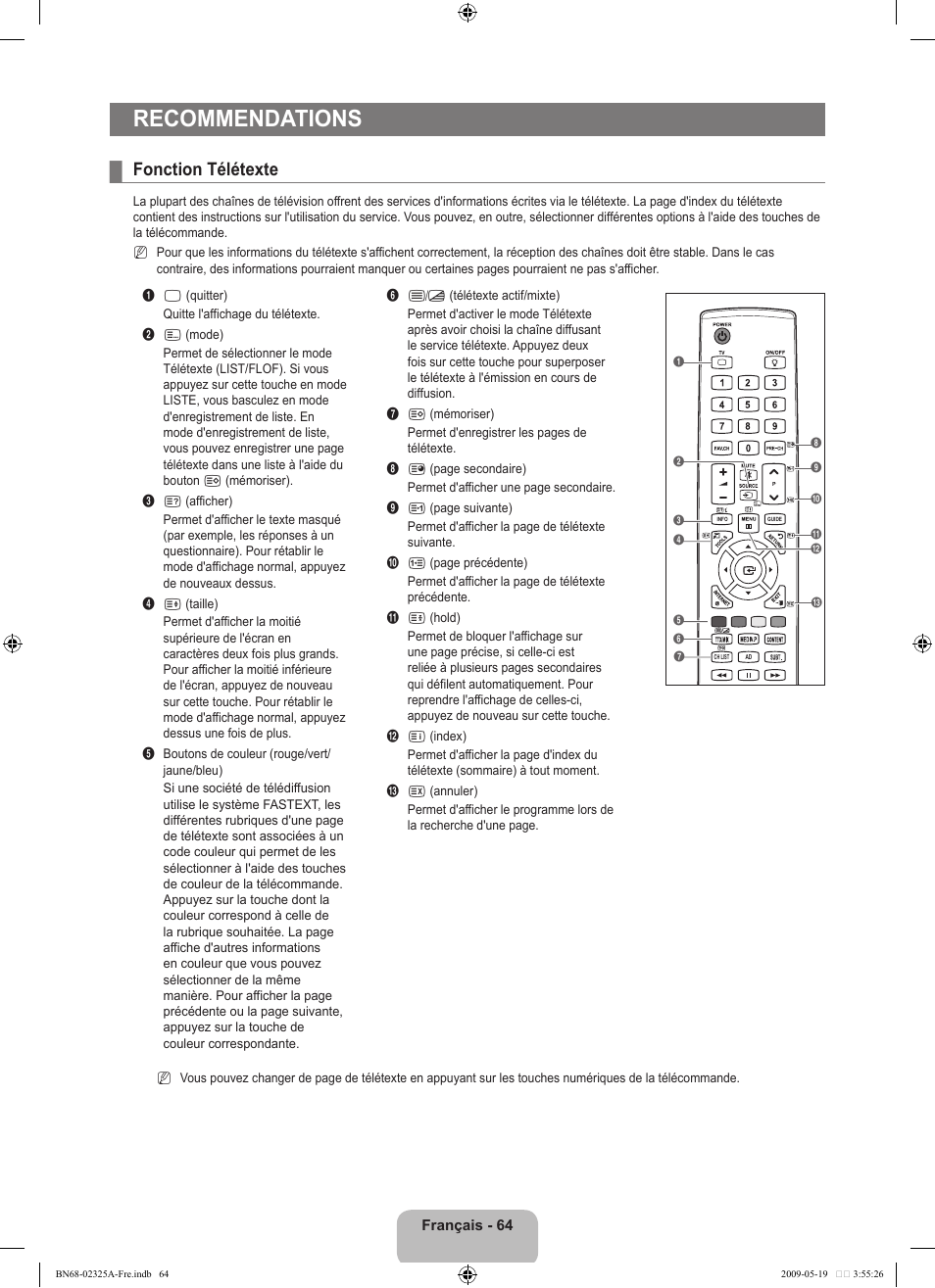 Recommendations, Fonction télétexte | Samsung LE37B651T3P User Manual | Page 220 / 302