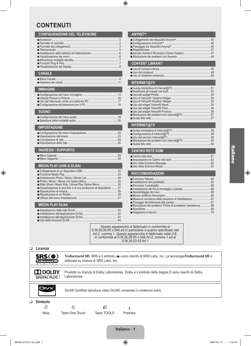 Contenuti, Italiano | Samsung LE37B651T3P User Manual | Page 227 / 302