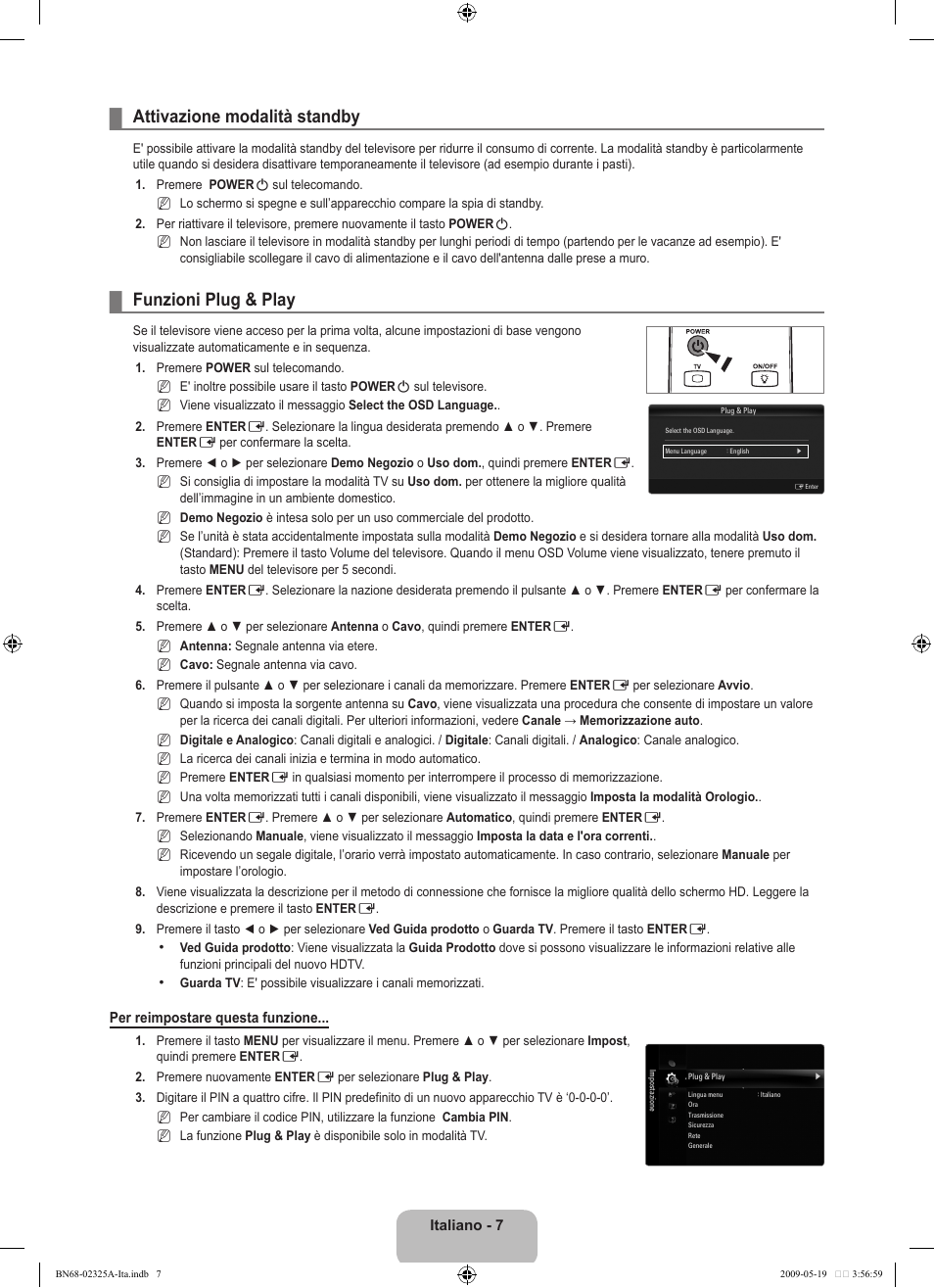 Attivazione modalità standby, Funzioni plug & play | Samsung LE37B651T3P User Manual | Page 233 / 302