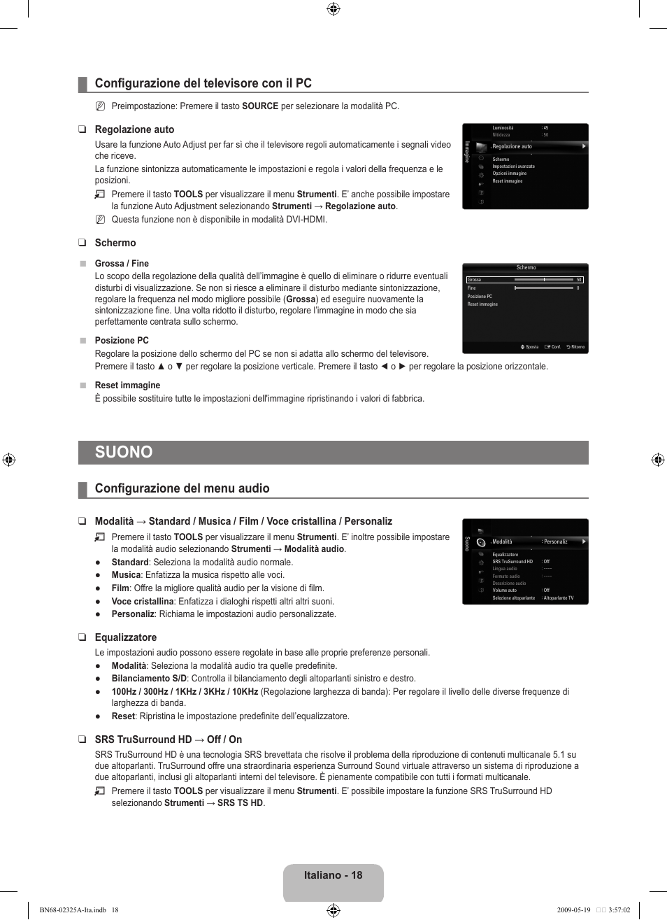 Suono, Configurazione del televisore con il pc, Configurazione del menu audio | Italiano - 18, Regolazione auto, Schermo, Equalizzatore, Srs trusurround hd → off / on | Samsung LE37B651T3P User Manual | Page 244 / 302