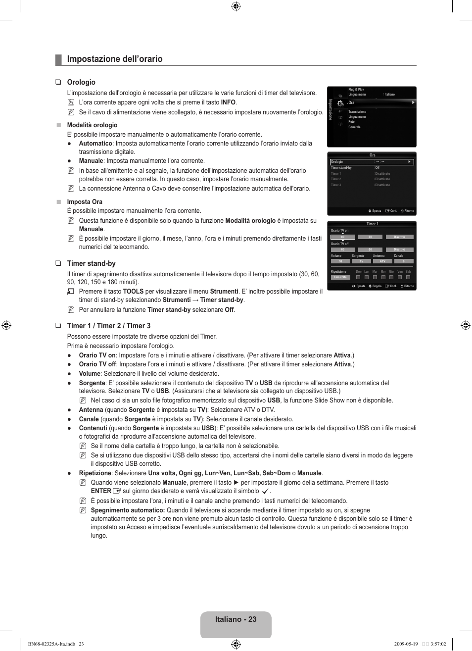 Impostazione dell’orario, Italiano - 23, Orologio | Timer stand-by, Timer 1 / timer 2 / timer 3 | Samsung LE37B651T3P User Manual | Page 249 / 302