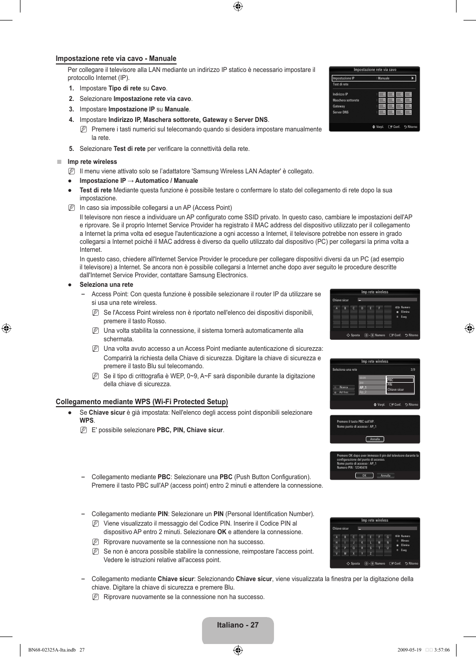 Italiano - 27 impostazione rete via cavo - manuale, Collegamento mediante wps (wi-fi protected setup) | Samsung LE37B651T3P User Manual | Page 253 / 302