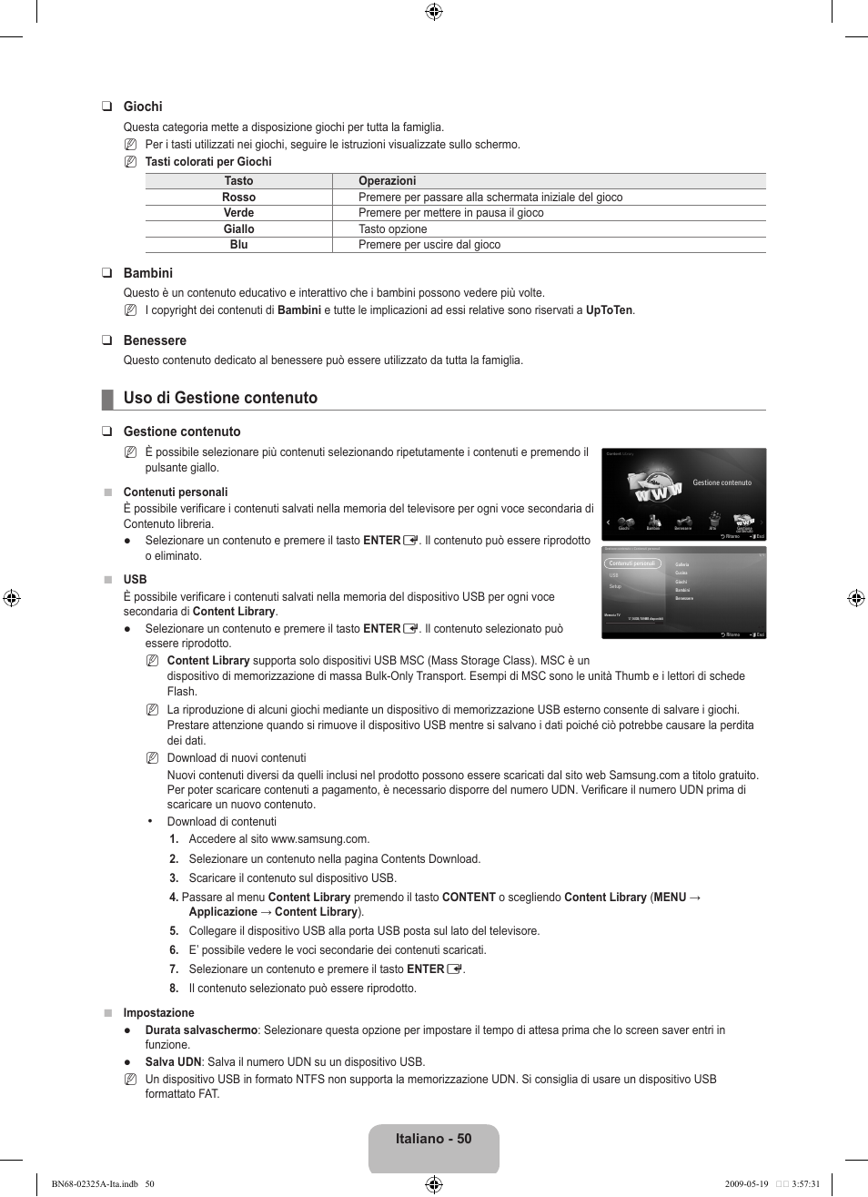 Uso di gestione contenuto, Italiano - 50 giochi, Bambini | Benessere, Gestione contenuto | Samsung LE37B651T3P User Manual | Page 276 / 302