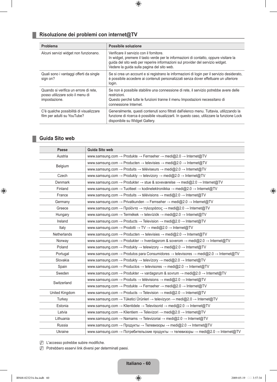 Risoluzione dei problemi con internet@tv, Guida sito web | Samsung LE37B651T3P User Manual | Page 286 / 302