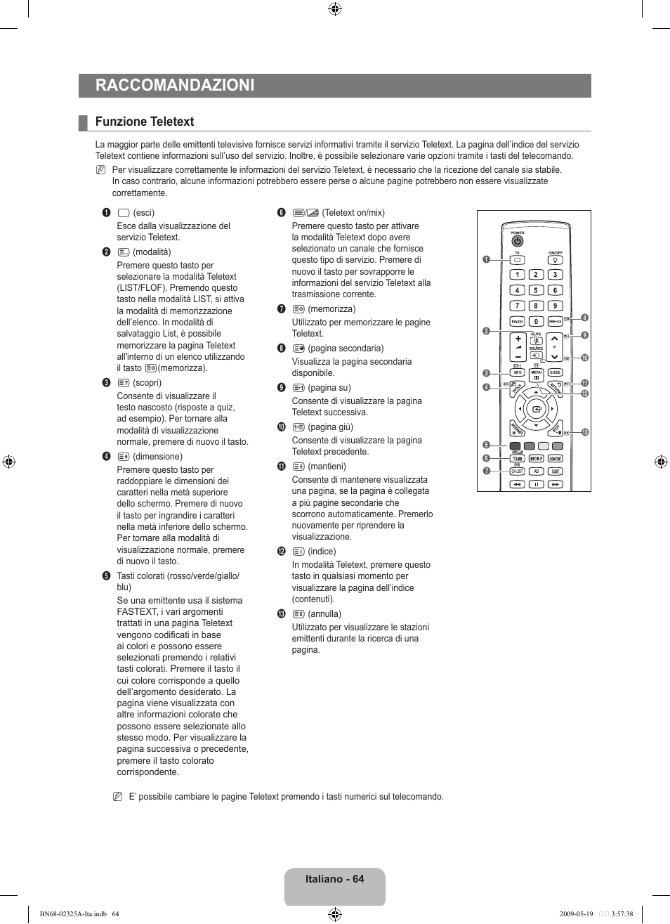 Raccomandazioni, Funzione teletext | Samsung LE37B651T3P User Manual | Page 290 / 302