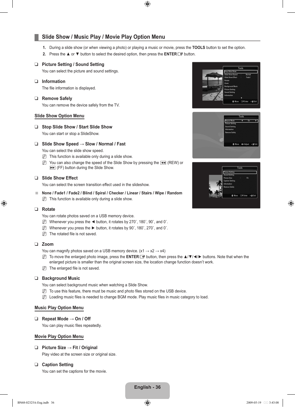 Slide show / music play / movie play option menu | Samsung LE37B651T3P User Manual | Page 38 / 302