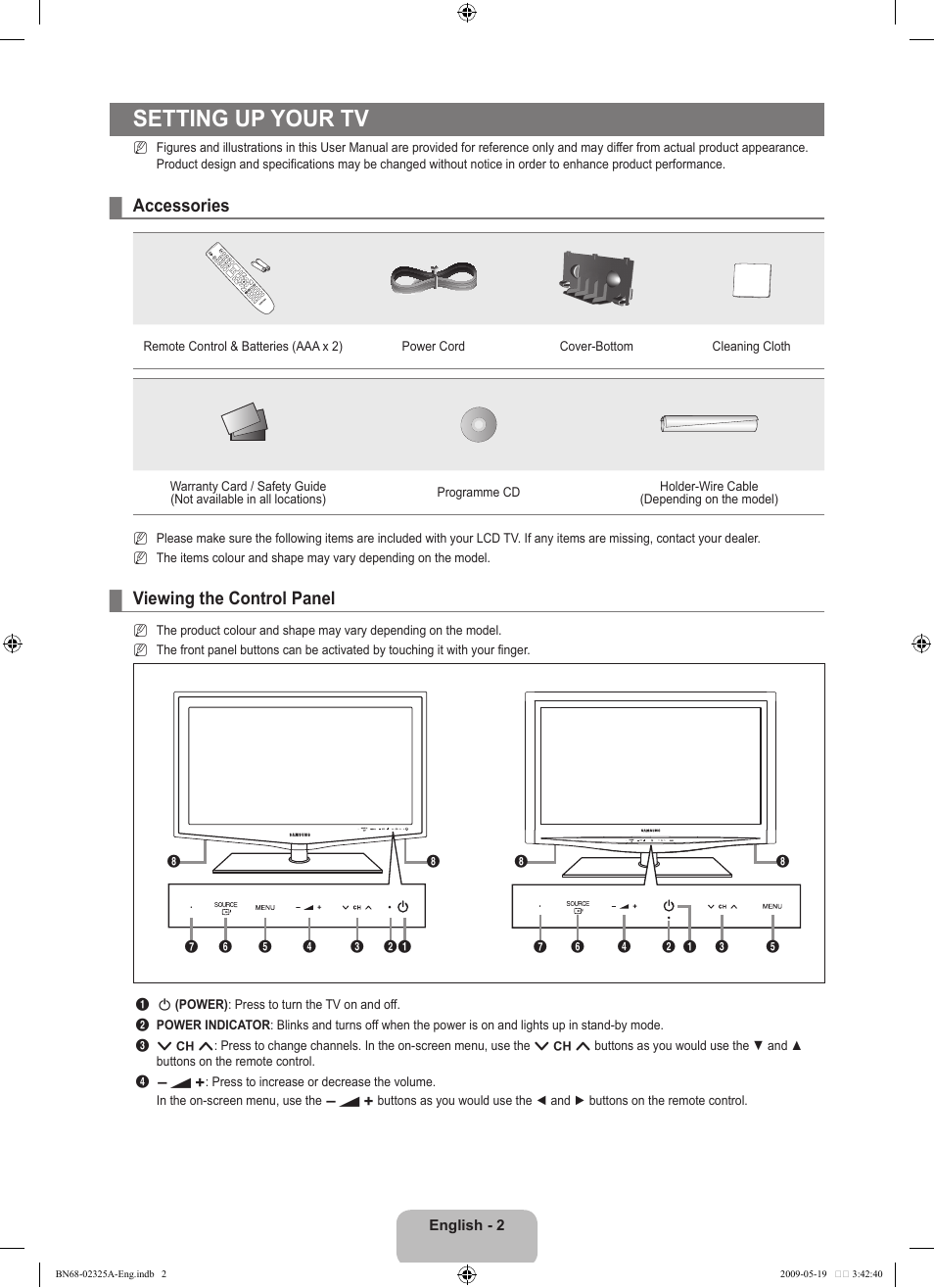 Setting up your tv, Accessories, Viewing the control panel | Samsung LE37B651T3P User Manual | Page 4 / 302