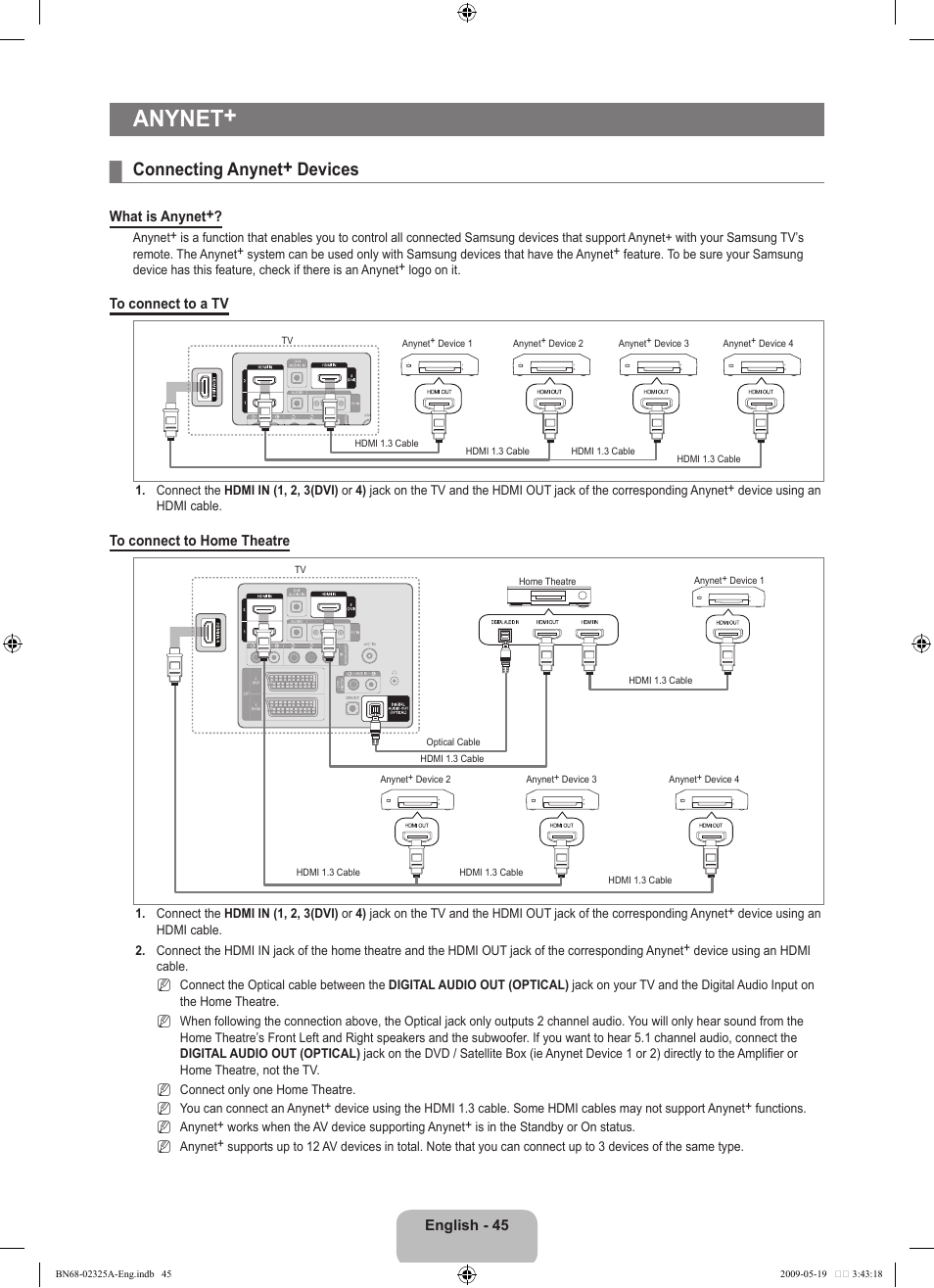 Anynet, Connecting anynet+ devices | Samsung LE37B651T3P User Manual | Page 47 / 302