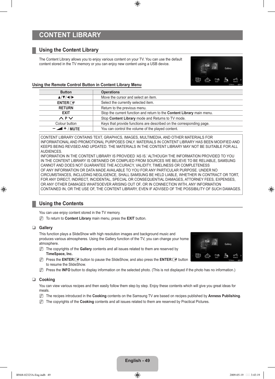 Content library, Using the content library, Using the contents | Samsung LE37B651T3P User Manual | Page 51 / 302