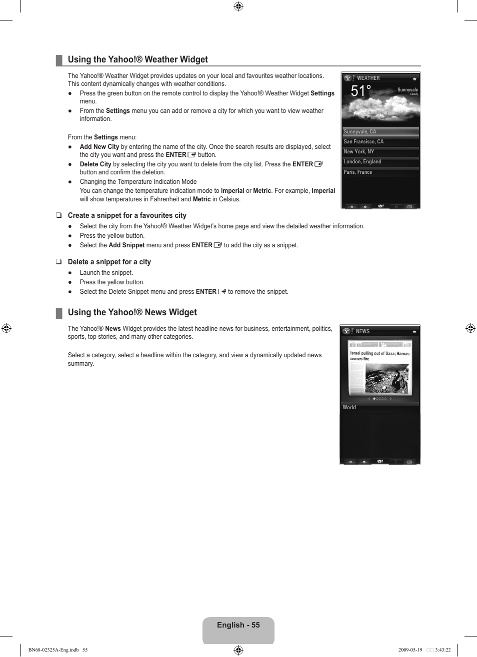 Using the yahoo!® weather widget, Using the yahoo!® news widget | Samsung LE37B651T3P User Manual | Page 57 / 302