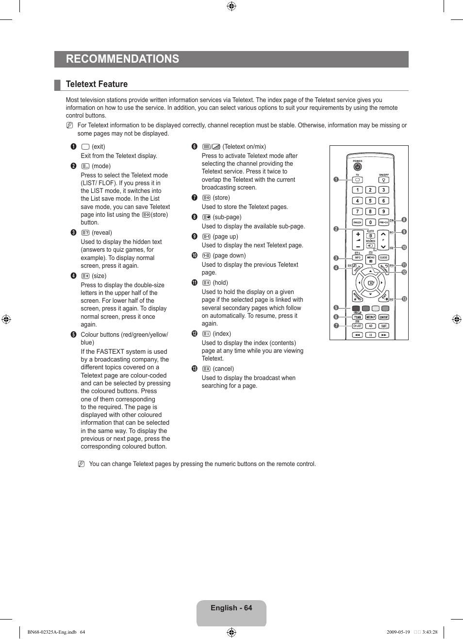 Recommendations, Teletext feature | Samsung LE37B651T3P User Manual | Page 66 / 302