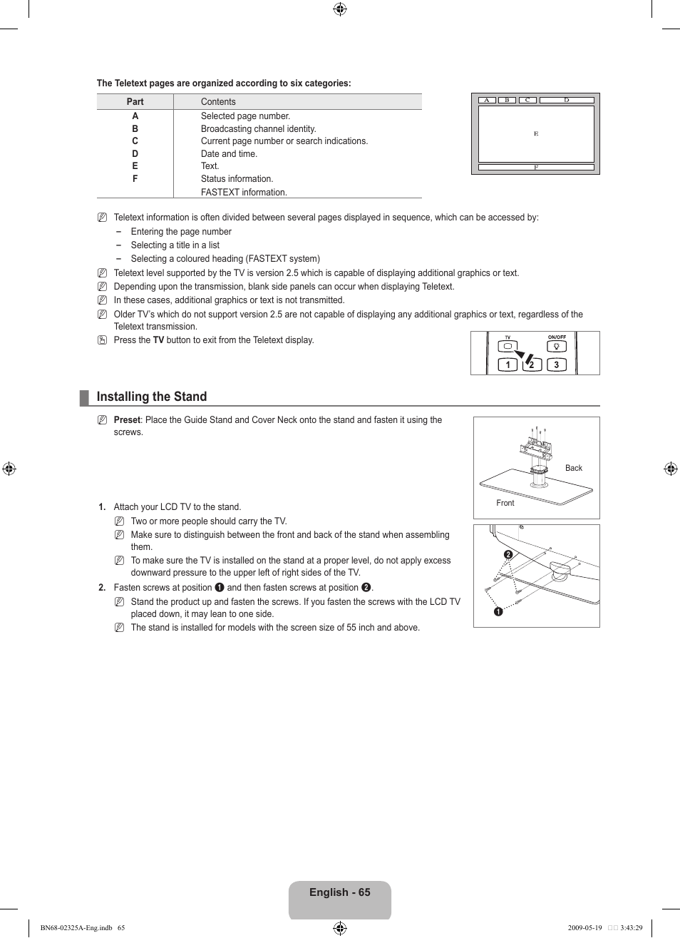 Installing the stand | Samsung LE37B651T3P User Manual | Page 67 / 302