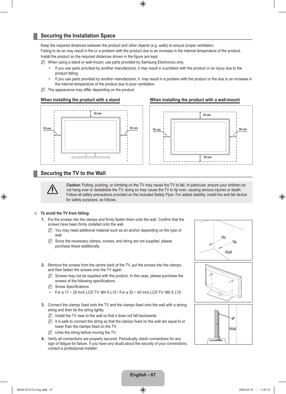 Securing the installation space, Securing the tv to the wall | Samsung LE37B651T3P User Manual | Page 69 / 302