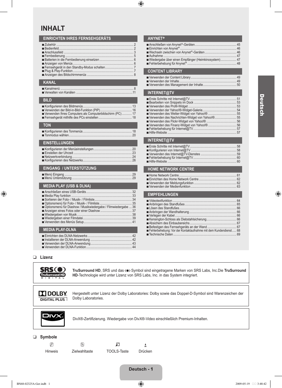 Inhalt, Deutsc h | Samsung LE37B651T3P User Manual | Page 87 / 302