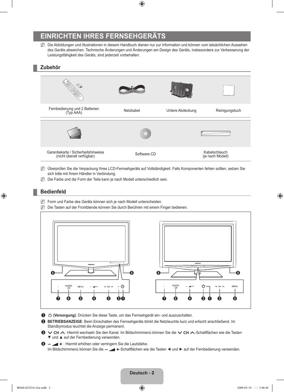 Einrichten ihres fernsehgeräts, Zubehör, Bedienfeld | Samsung LE37B651T3P User Manual | Page 88 / 302