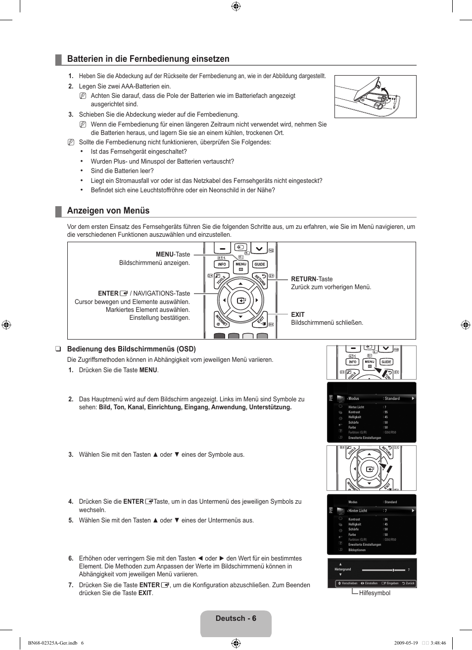 Bedienung, Batterien in die fernbedienung einsetzen, Anzeigen von menüs | Deutsch - 66, Bedienung des bildschirmmenüs (osd) | Samsung LE37B651T3P User Manual | Page 92 / 302