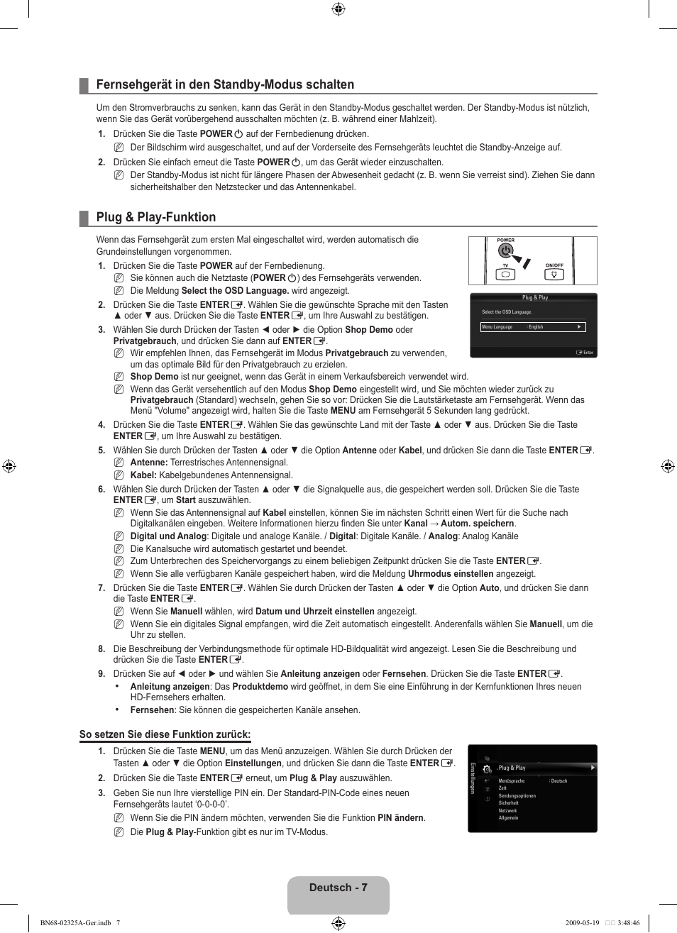 Fernsehgerät in den standby-modus schalten, Plug & play-funktion | Samsung LE37B651T3P User Manual | Page 93 / 302