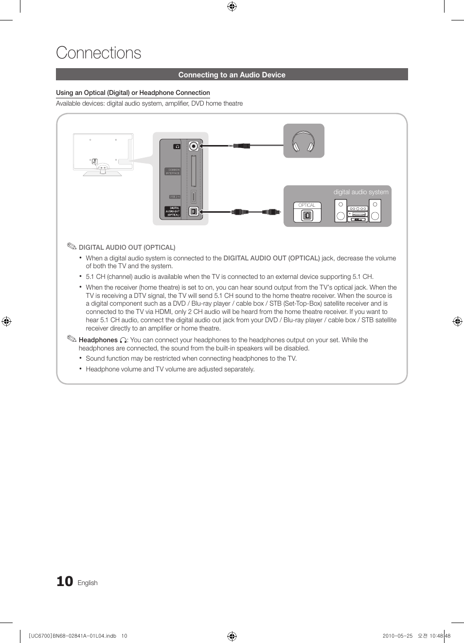 Connecting to an audio device, Connections | Samsung UE37C6730US User Manual | Page 10 / 241