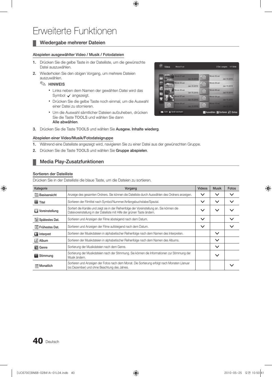 Erweiterte funktionen, Wiedergabe mehrerer dateien, Media play-zusatzfunktionen | Samsung UE37C6730US User Manual | Page 100 / 241