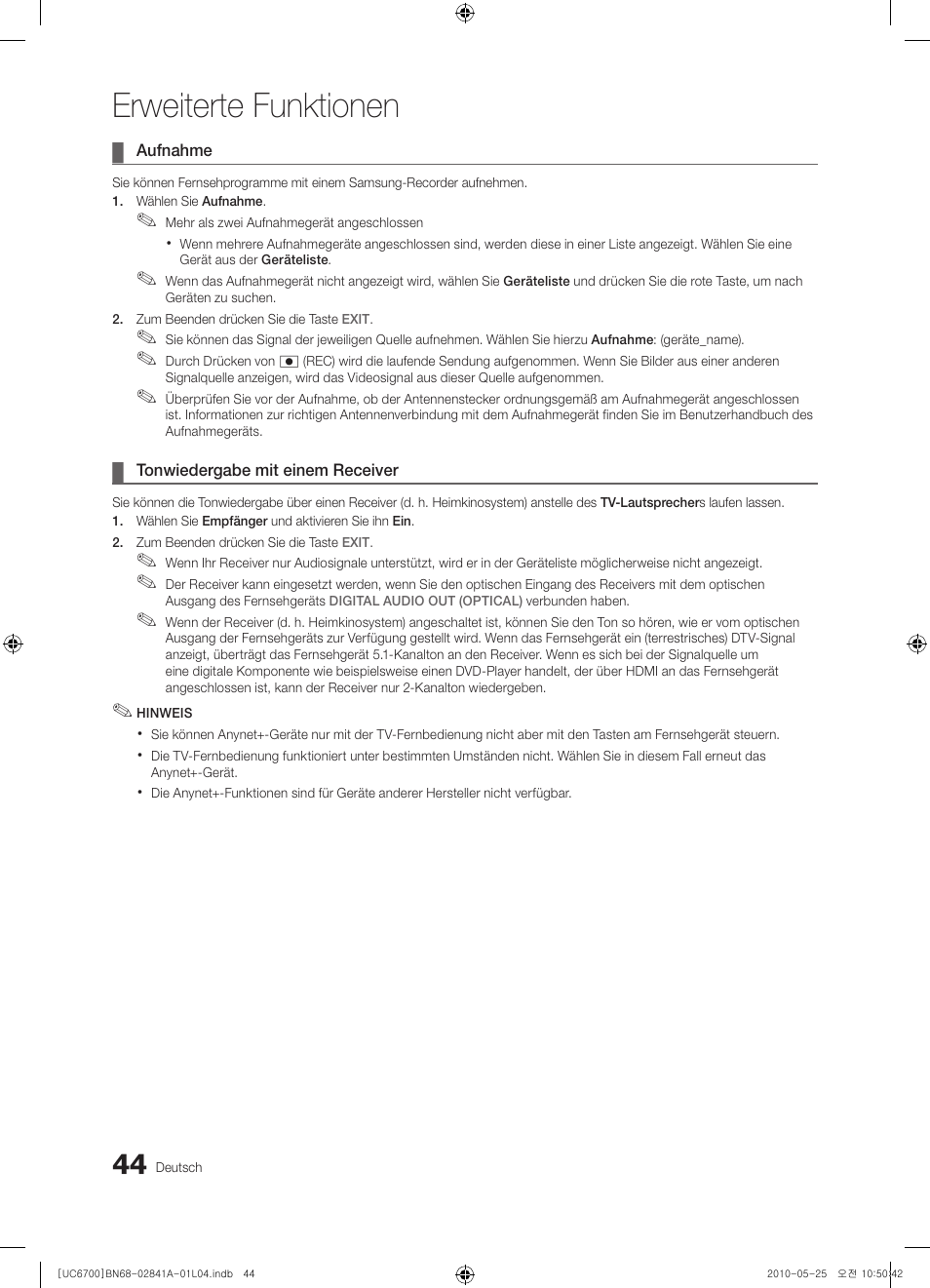 Erweiterte funktionen | Samsung UE37C6730US User Manual | Page 104 / 241
