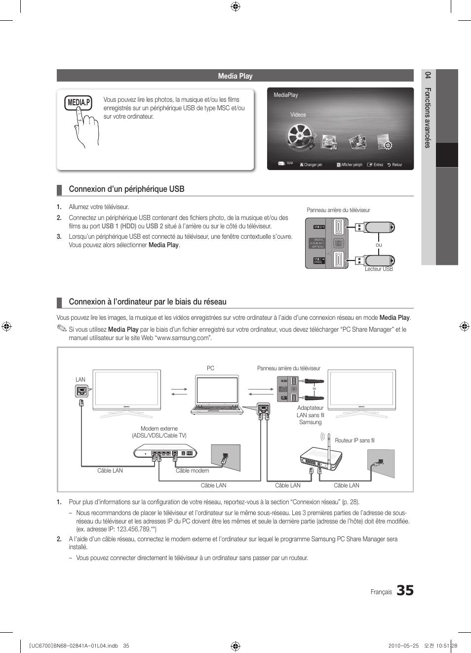 Connexion d’un périphérique usb, Connexion à l’ordinateur par le biais du réseau, Media.p | Samsung UE37C6730US User Manual | Page 155 / 241