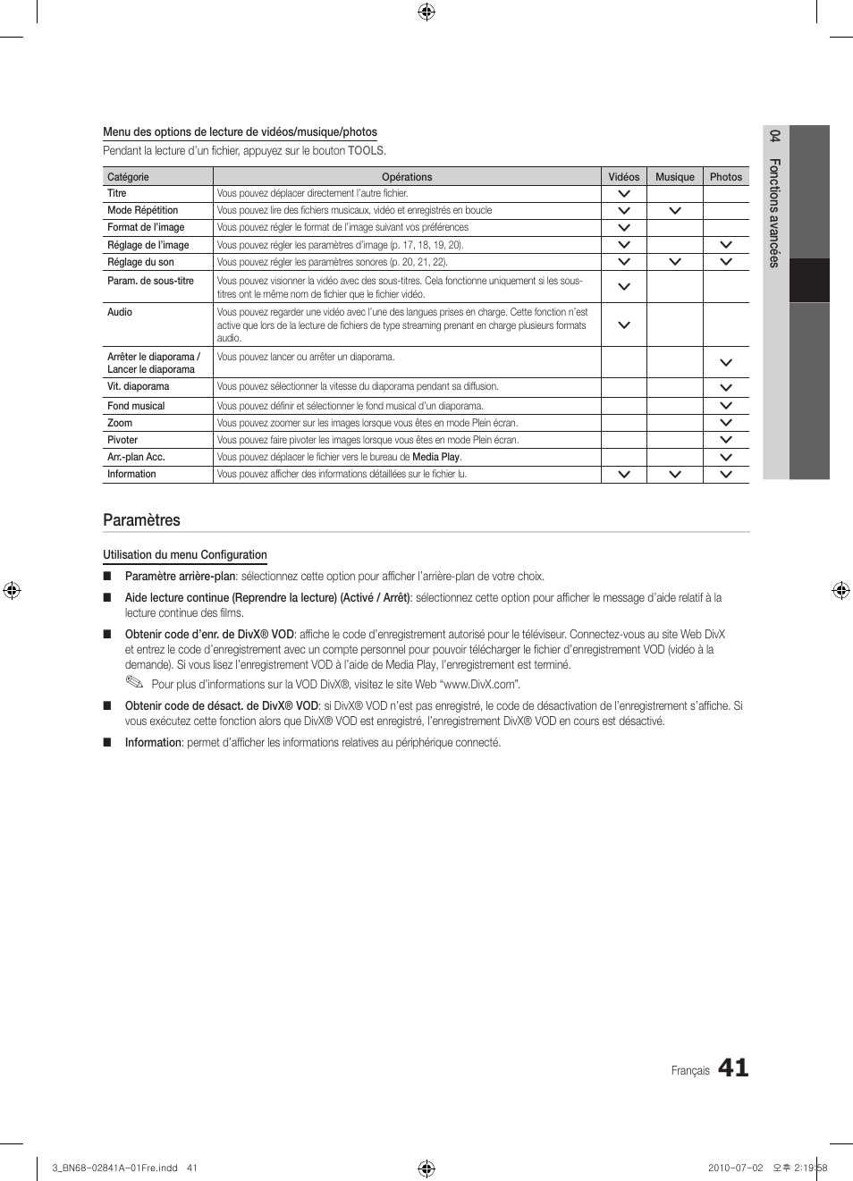 Paramètres | Samsung UE37C6730US User Manual | Page 161 / 241