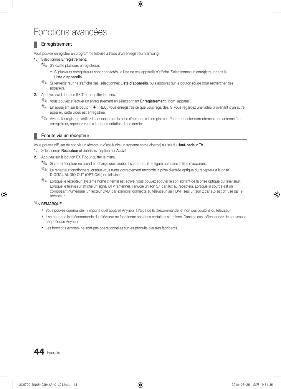 Fonctions avancées | Samsung UE37C6730US User Manual | Page 164 / 241