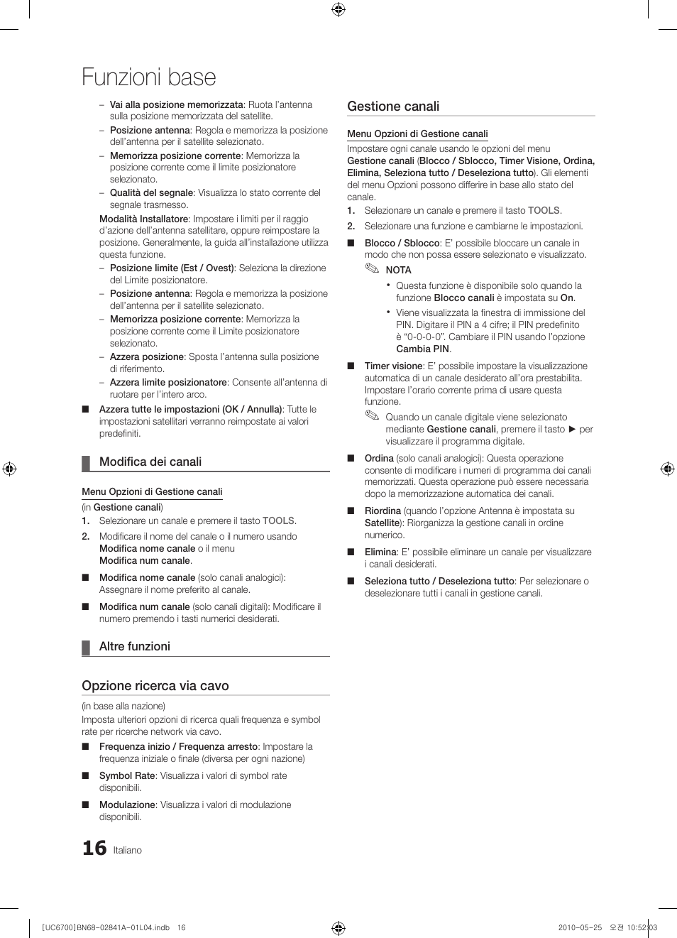 Funzioni base, Opzione ricerca via cavo, Gestione canali | Samsung UE37C6730US User Manual | Page 196 / 241
