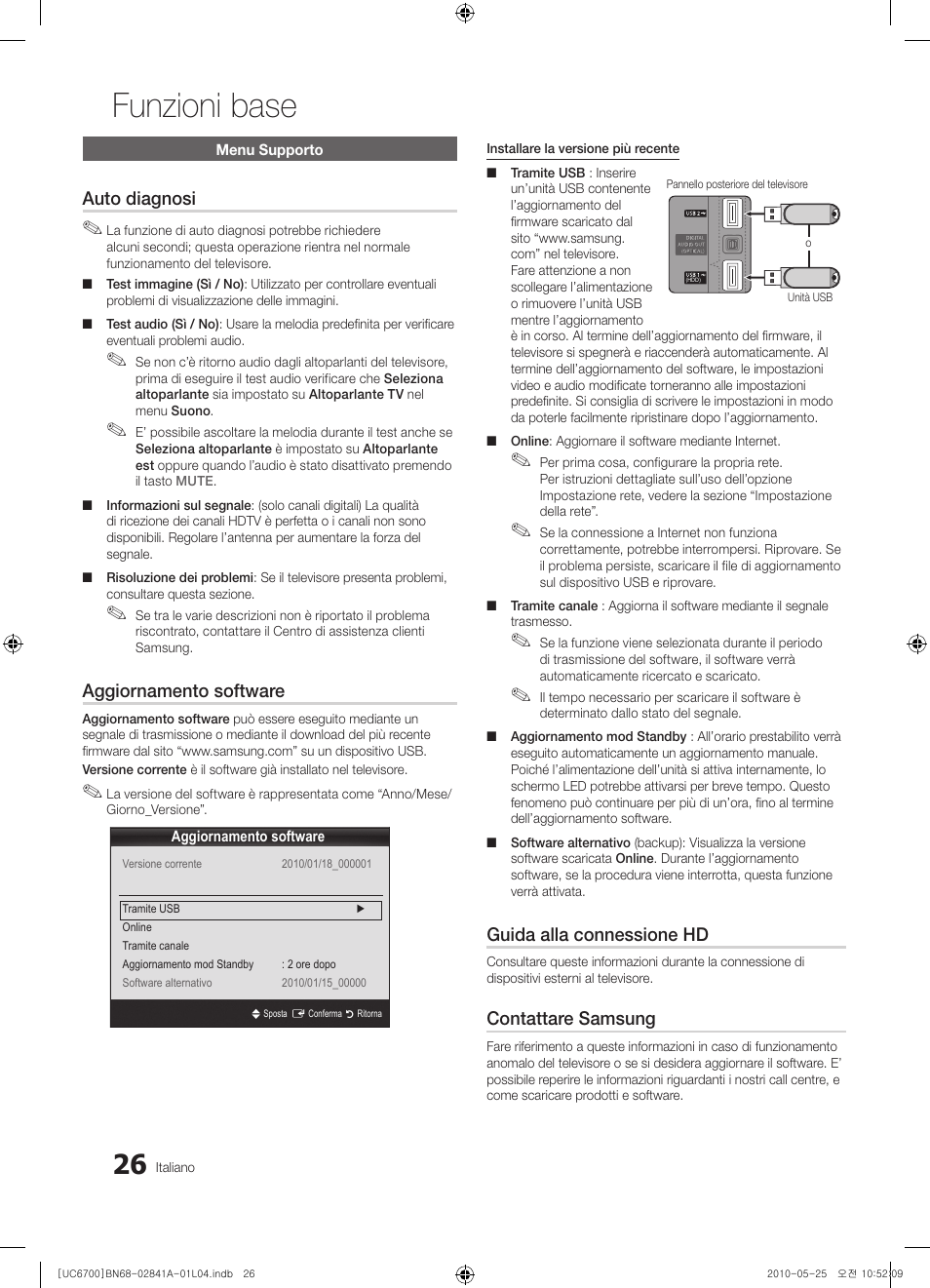 Funzioni base, Auto diagnosi, Aggiornamento software | Guida alla connessione hd, Contattare samsung | Samsung UE37C6730US User Manual | Page 206 / 241
