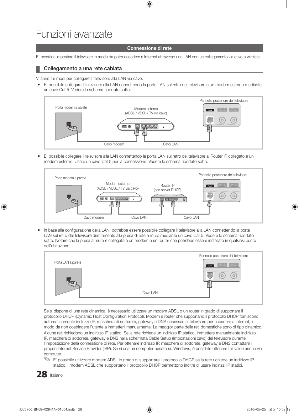 Funzioni avanzate, Collegamento a una rete cablata, Connessione di rete | Samsung UE37C6730US User Manual | Page 208 / 241