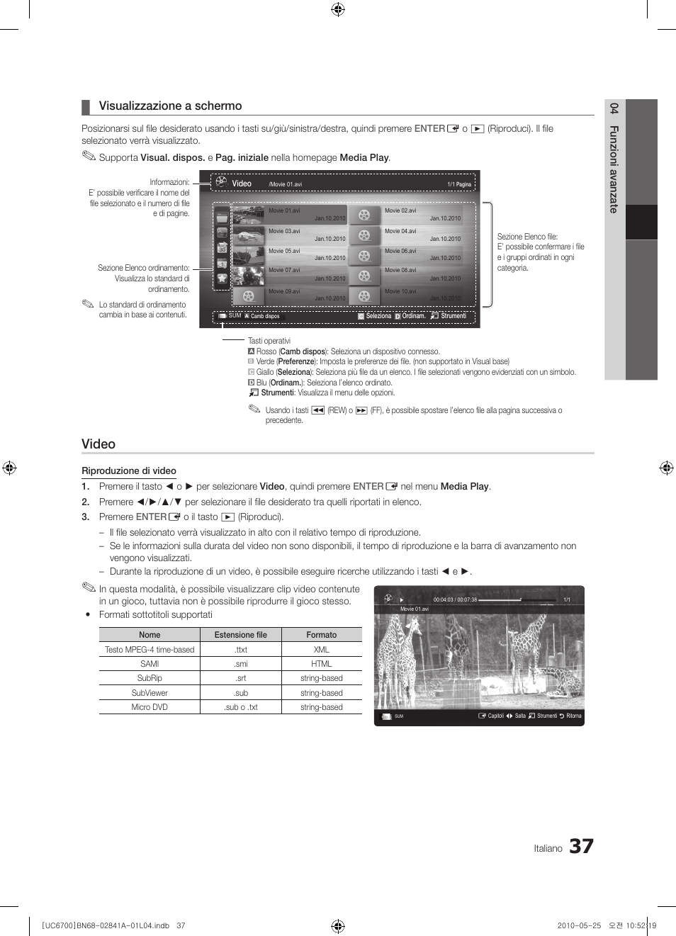 Video, Visualizzazione a schermo | Samsung UE37C6730US User Manual | Page 217 / 241