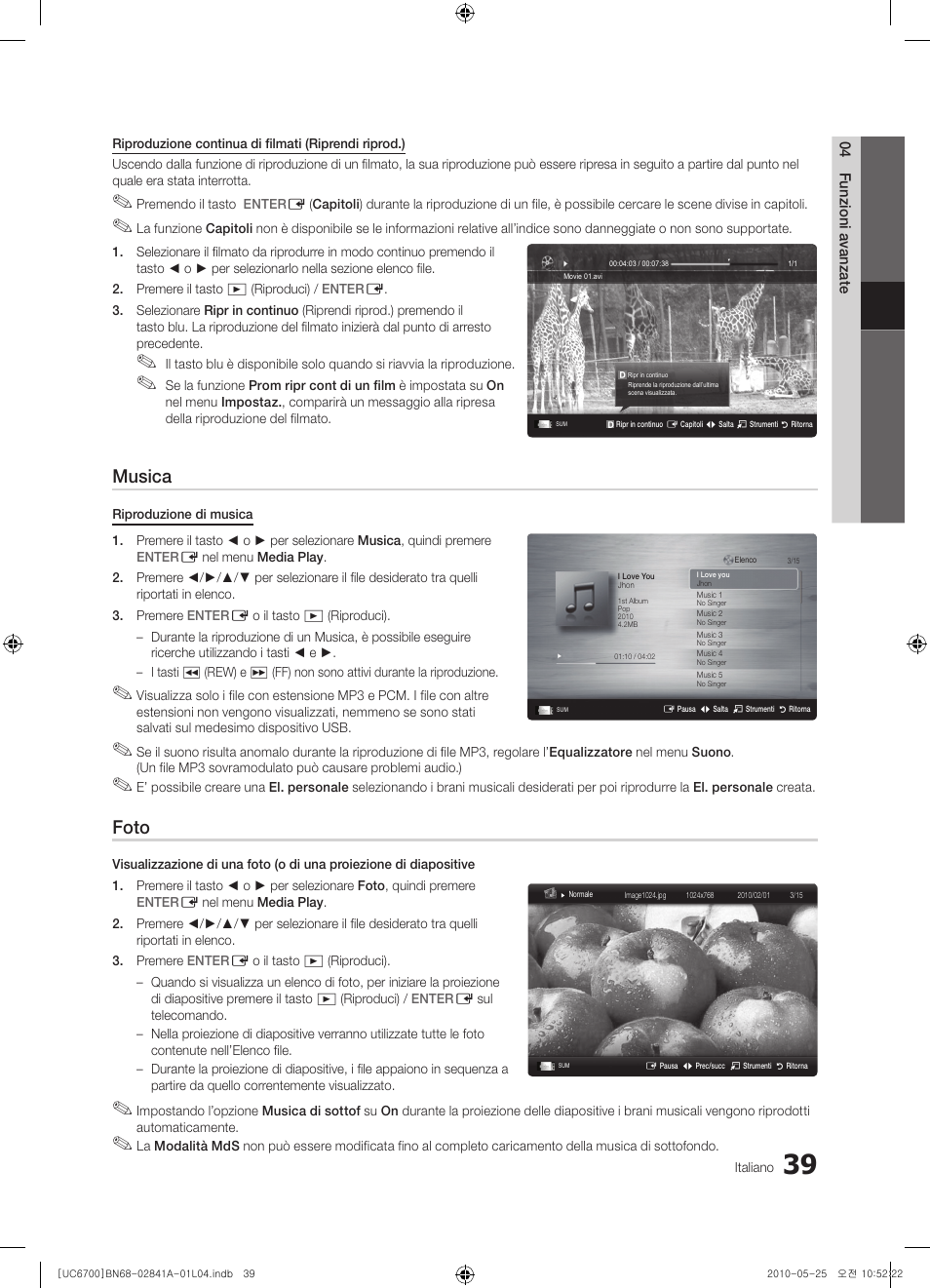 Musica, Foto | Samsung UE37C6730US User Manual | Page 219 / 241