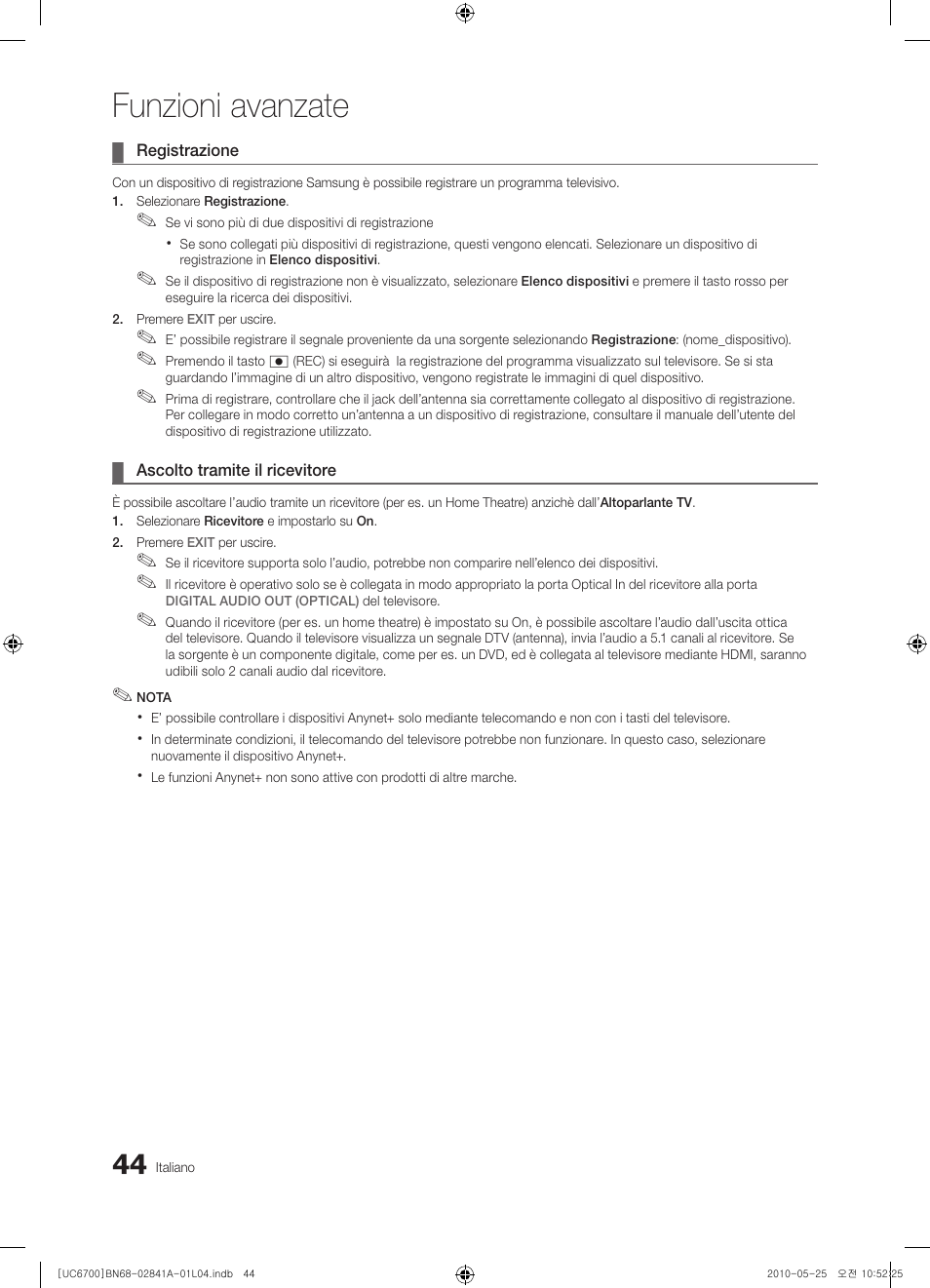 Funzioni avanzate | Samsung UE37C6730US User Manual | Page 224 / 241