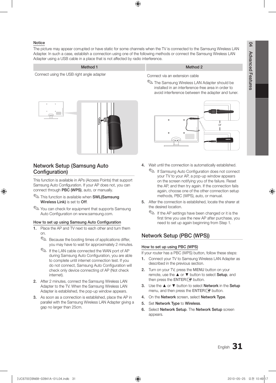 Network setup (samsung auto configuration), Network setup (pbc (wps)) | Samsung UE37C6730US User Manual | Page 31 / 241