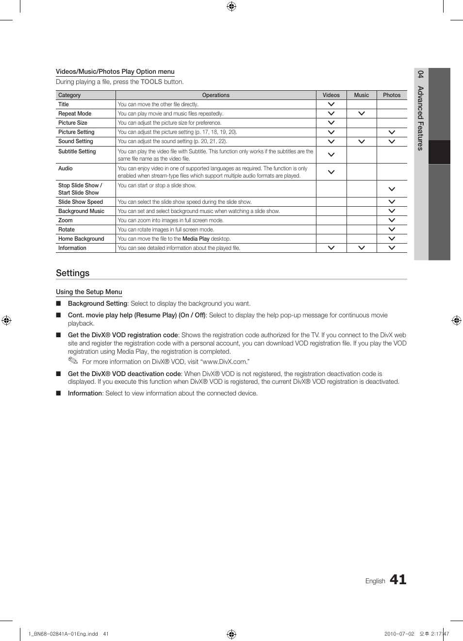 Settings | Samsung UE37C6730US User Manual | Page 41 / 241