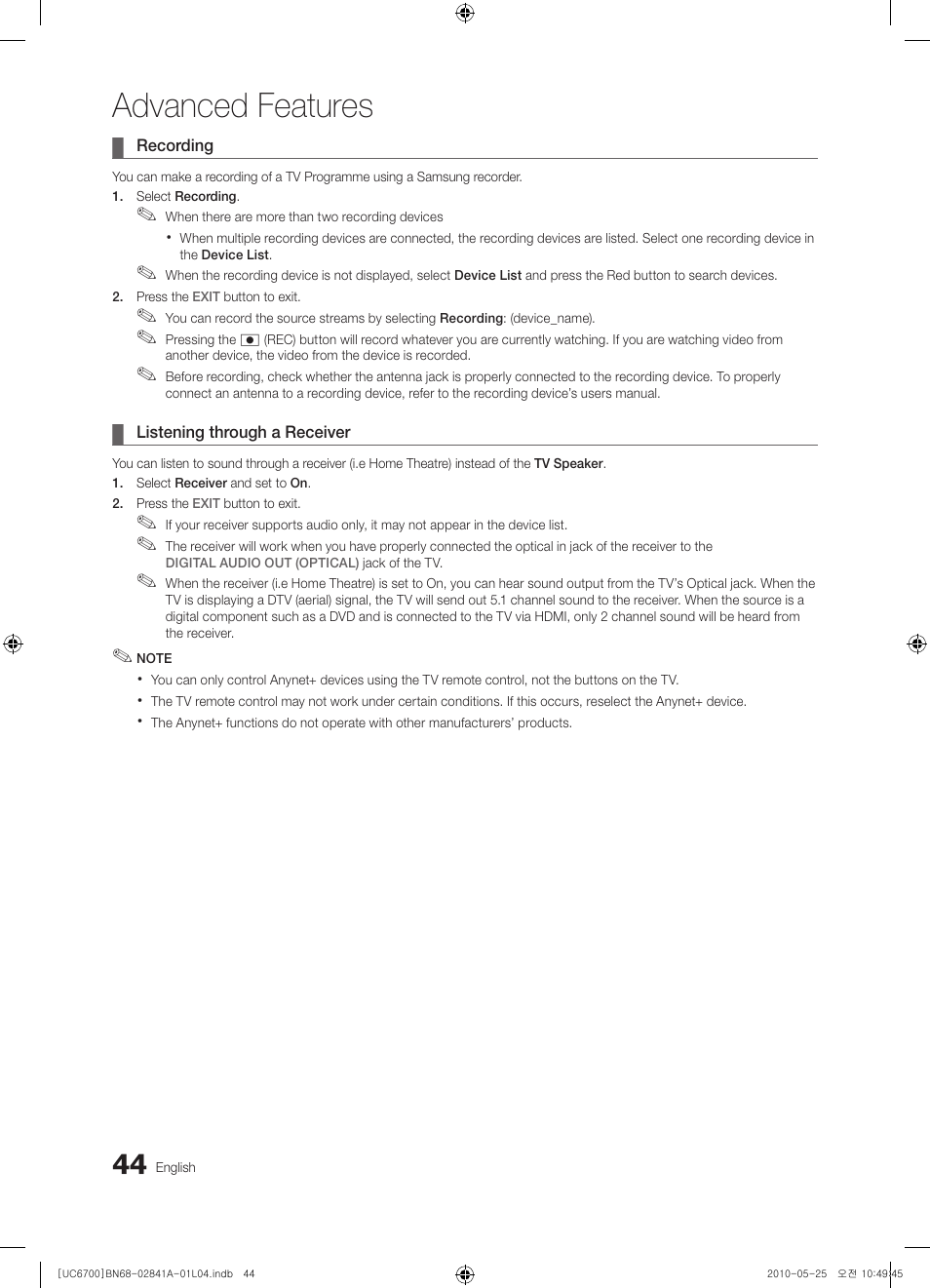 Advanced features | Samsung UE37C6730US User Manual | Page 44 / 241