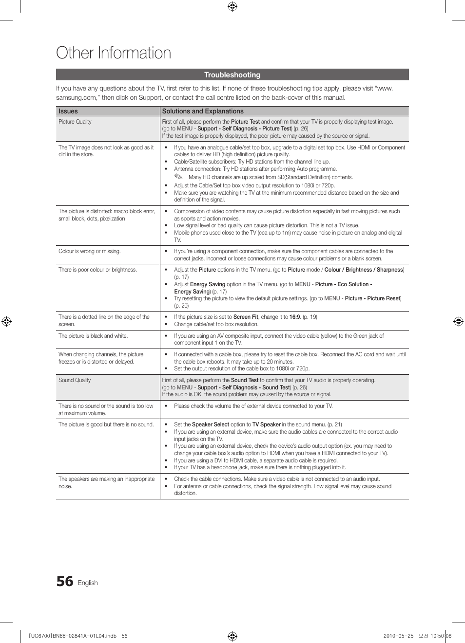 Troubleshooting, Other information | Samsung UE37C6730US User Manual | Page 56 / 241