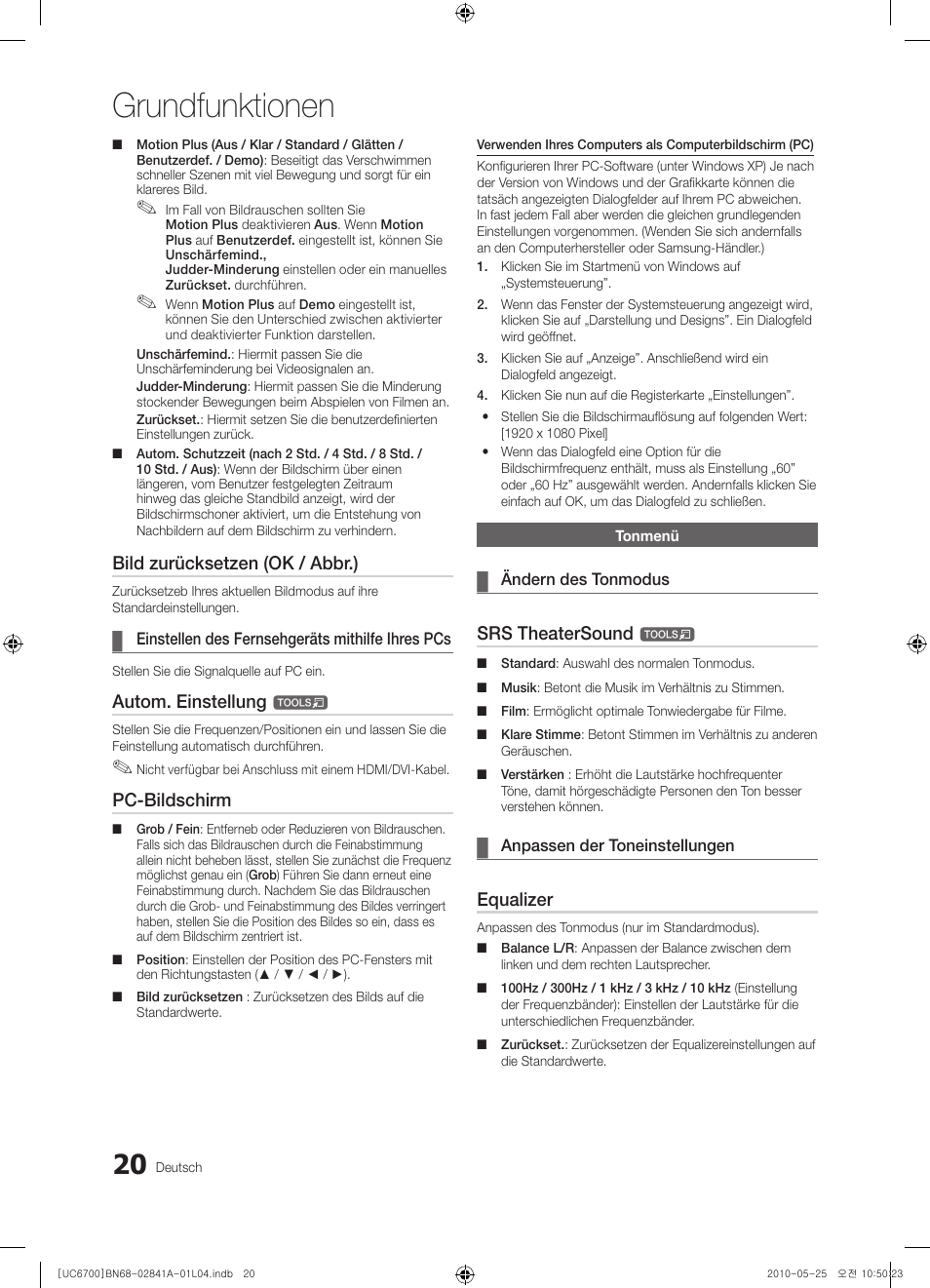 Grundfunktionen, Bild zurücksetzen (ok / abbr.), Autom. einstellung | Pc-bildschirm, Srs theatersound, Equalizer | Samsung UE37C6730US User Manual | Page 80 / 241
