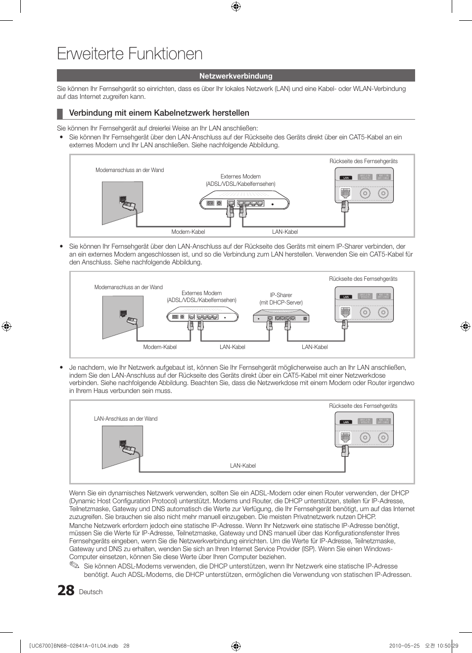 Erweiterte funktionen, Verbindung mit einem kabelnetzwerk herstellen, Netzwerkverbindung | Deutsch | Samsung UE37C6730US User Manual | Page 88 / 241